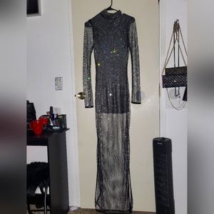 Sparkling Black Sheer Sequin Maxi Dress - Long Sleeve